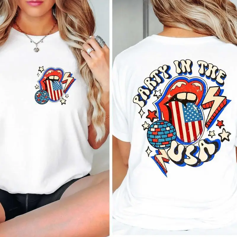 

Lips Print T Shirt for Women American Flag Graphic Tees Disco Ball Lightning Retro Style Summer Y2K Short Sleeve Tops