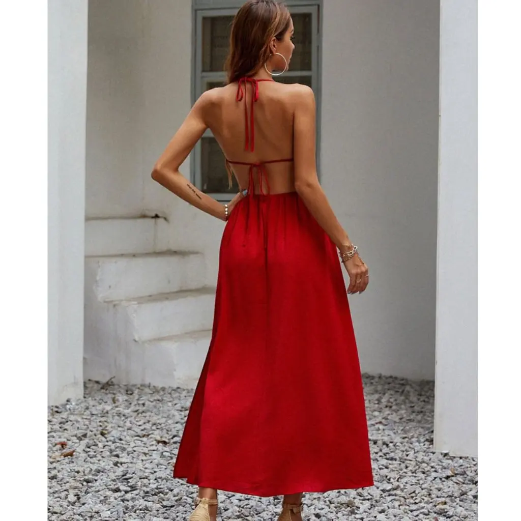Sommer Europäisch Amerikanisch Retro Französisch Satin Rückenfrei Abschlussball Meer Urlaub High-End Sexy Kleid Damenmode