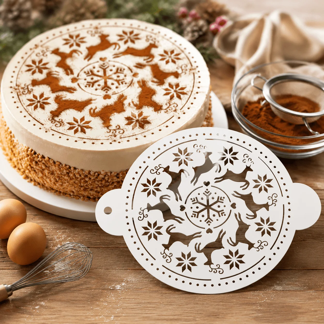 Christmas Round Cake Stencil with Handles, PET Reindeer Snowflake Template for Fondant Cake Baking Decor