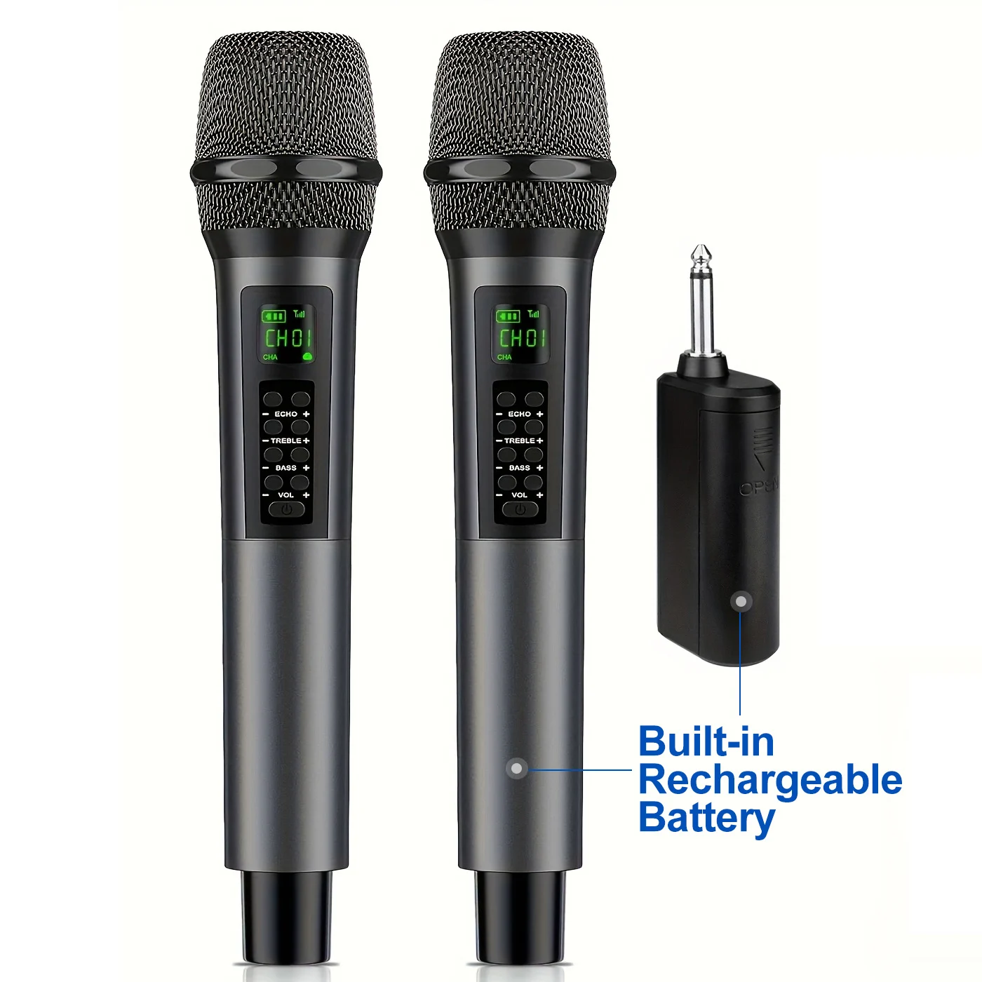 Microphones sans fil portables rechargeables avec contrôle d'écho, de treble, de basse et de volume pour le chant karaoké