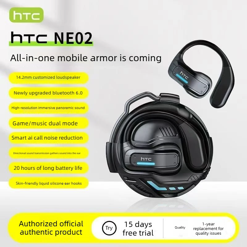 

HTC NE02 BT6.0 Spatial Audio 3.0 Ear-hook TWS Long Battery Life Non-bone Conduction Sports ENC 14.2mm Driver+3D Immersive Sound