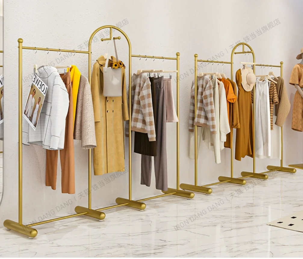 

Clothing store hangers, wrought iron gold floor standing clothes display racks, women's clothing store shelves display racks