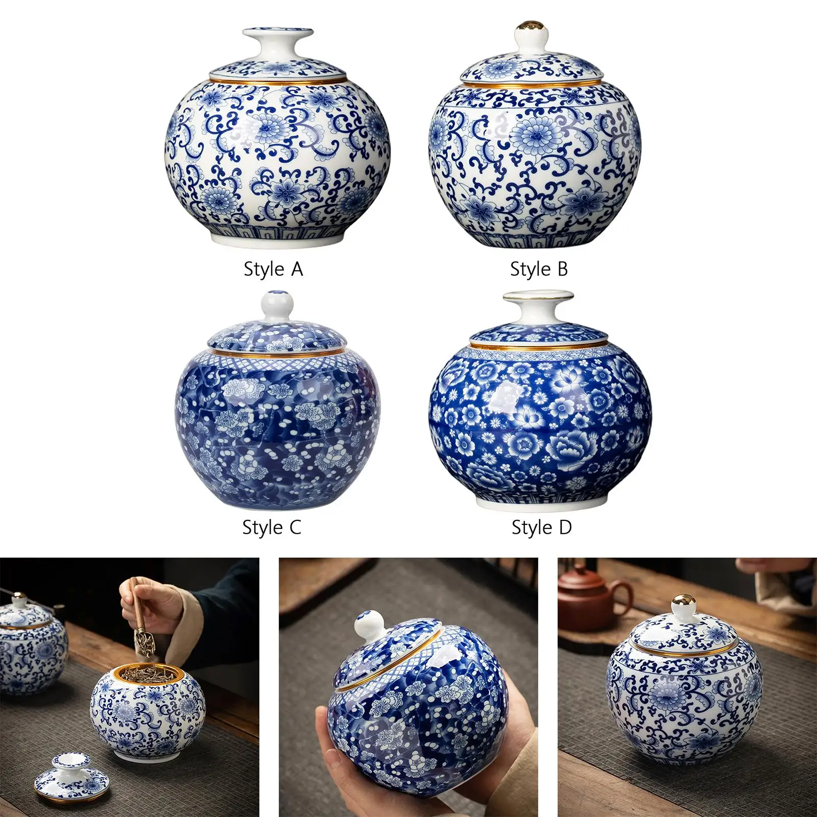 Ginger Jar Temple Jar Tea Storage Jar Glazed Blue and White Vase Floral Print Jar for Desktop Weddings Home Piece Office Decor