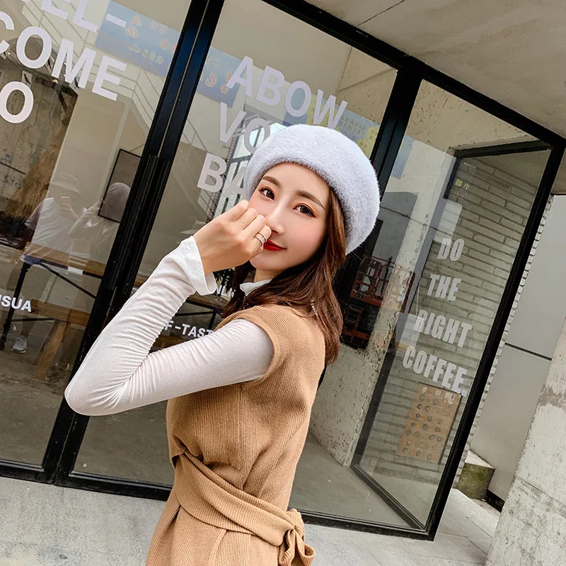 Rex fur berets hat for women Winter thick warm soft beret caps Artist french gorros Pumpkin hats Female girls leisure caps