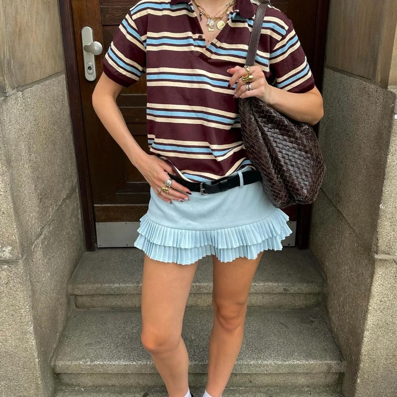 

Tangada 2025 Summer Women Striped Polo T Shirt Short Sleeve Tees Ladies Casual Knitted Shirt SP6