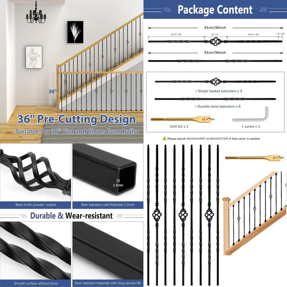 

36 Hollow Single Basket Wrought Iron Balusters with Double Twist for Interior Staircase (Pre-Cut)