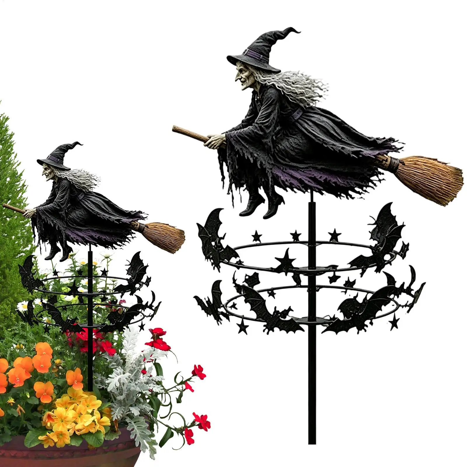 2D Witch Garden Wind Spinner Rotating Pinwheels Halloween Decoration Witch Garden Windmill With Stake For Courtyard Backyard