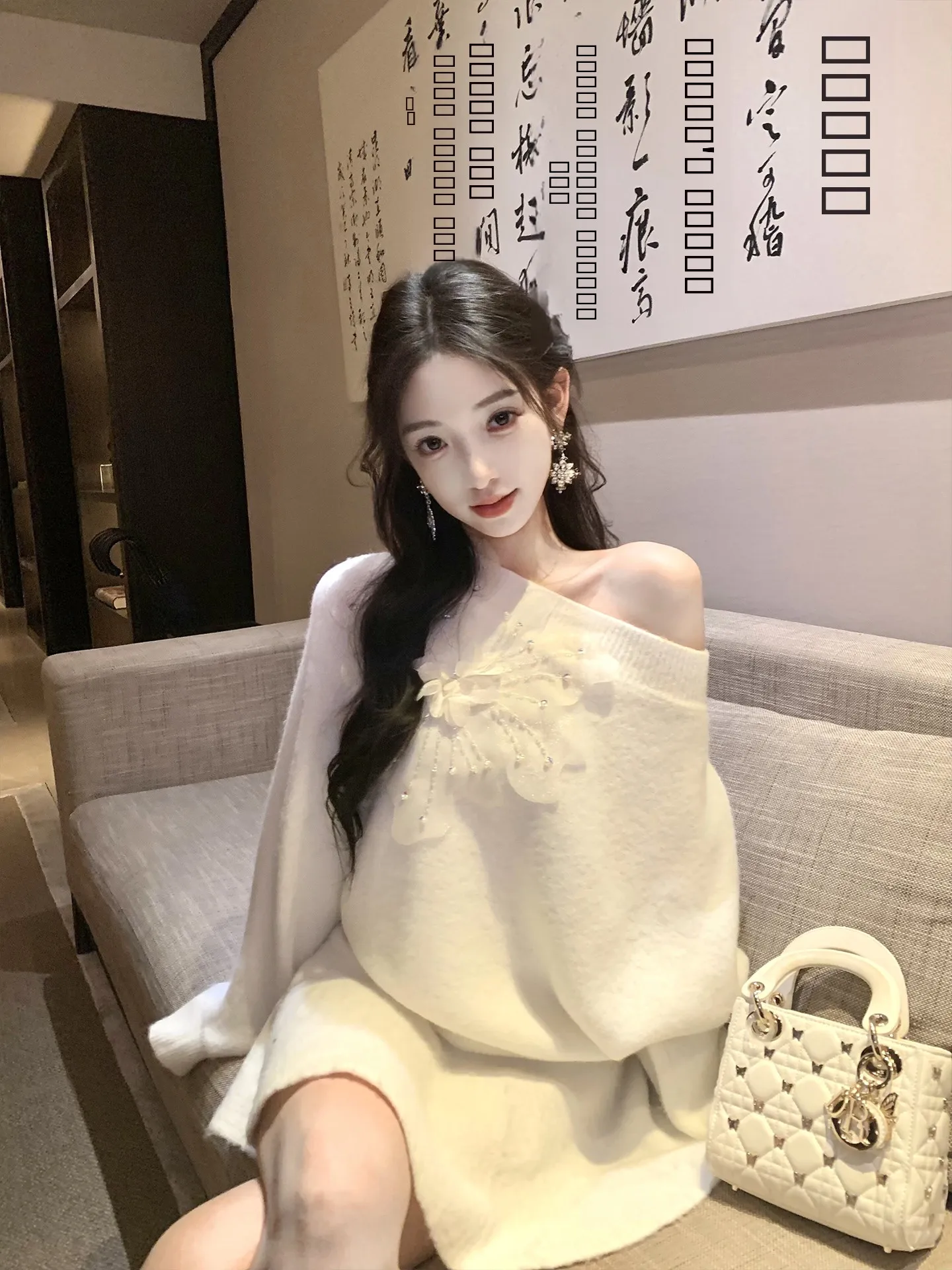 

Romantic Big Flower J Studio Knitted oulder Bared Aosphere Slimming Versatile White Sweater Casual Sle Loose Fit Long...