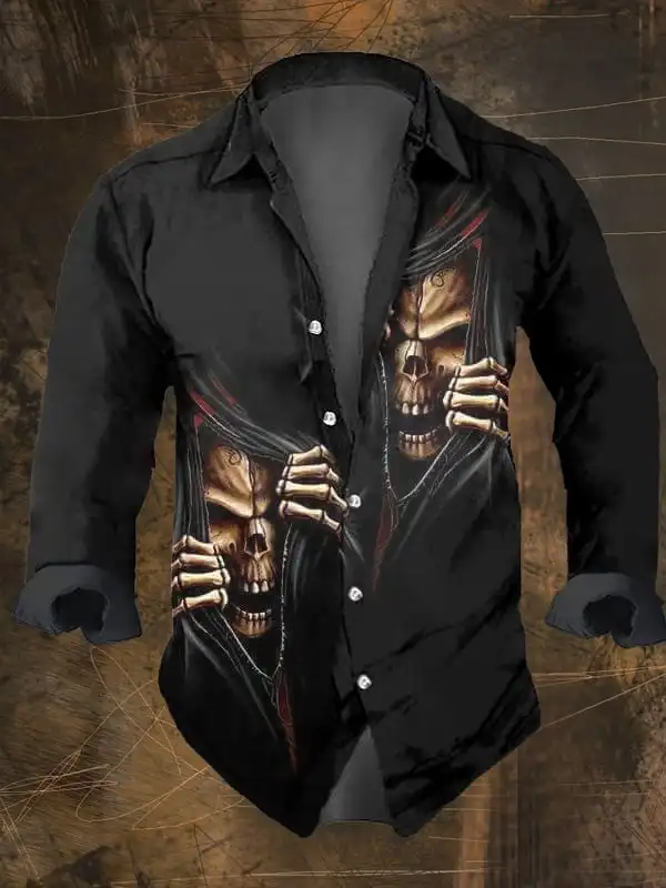 2024 Men\'s Vintage Dark Skull Print Long Sleeve Shirt - Skull Print,Regular Fit,, Lapel Collar, Polyester Blend,Halloween Party