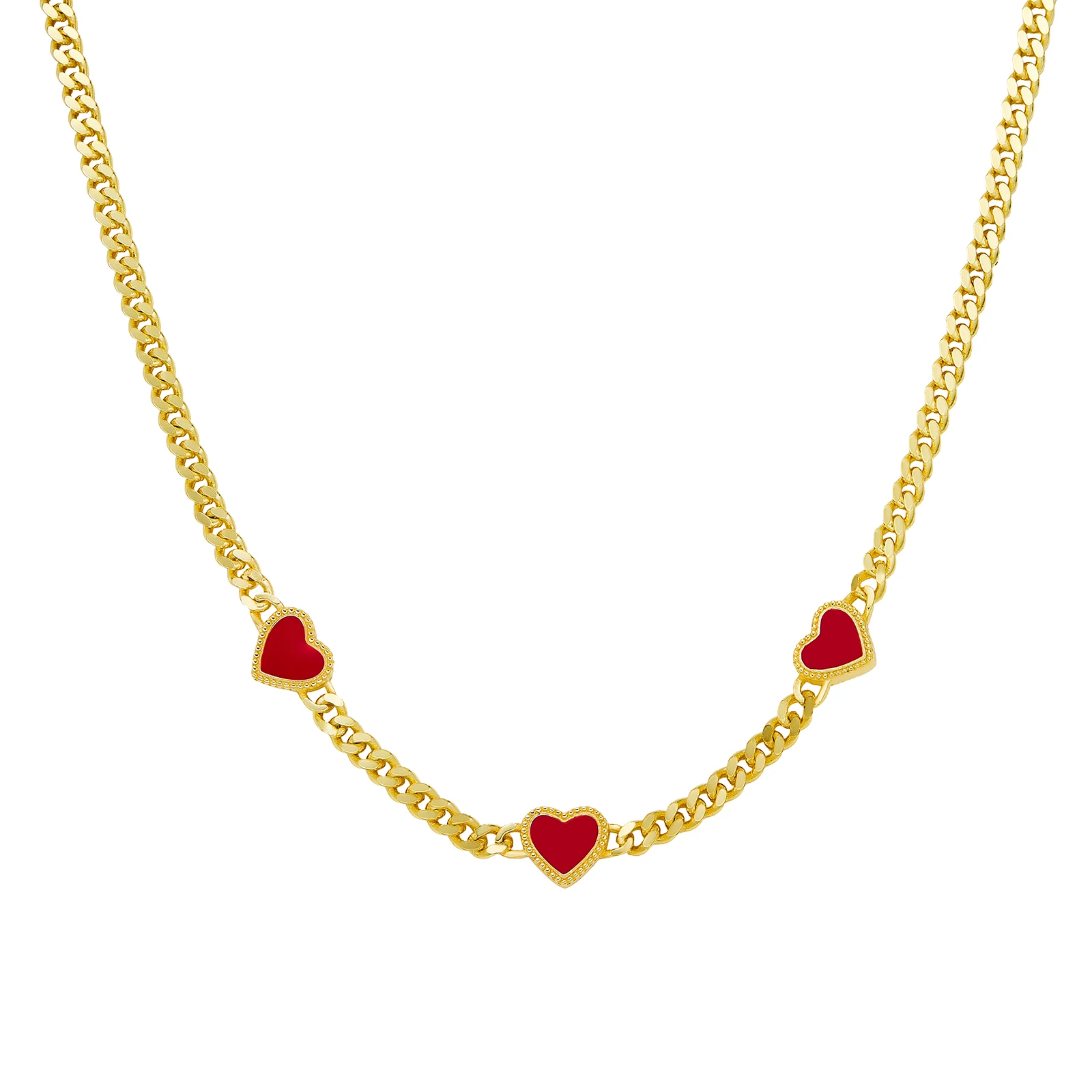 

925 Sterling Silver Heart Linked Necklace Three Red Enamel Love Gold plating Chainmail Chain For Women Trendy Red Heart Necklace
