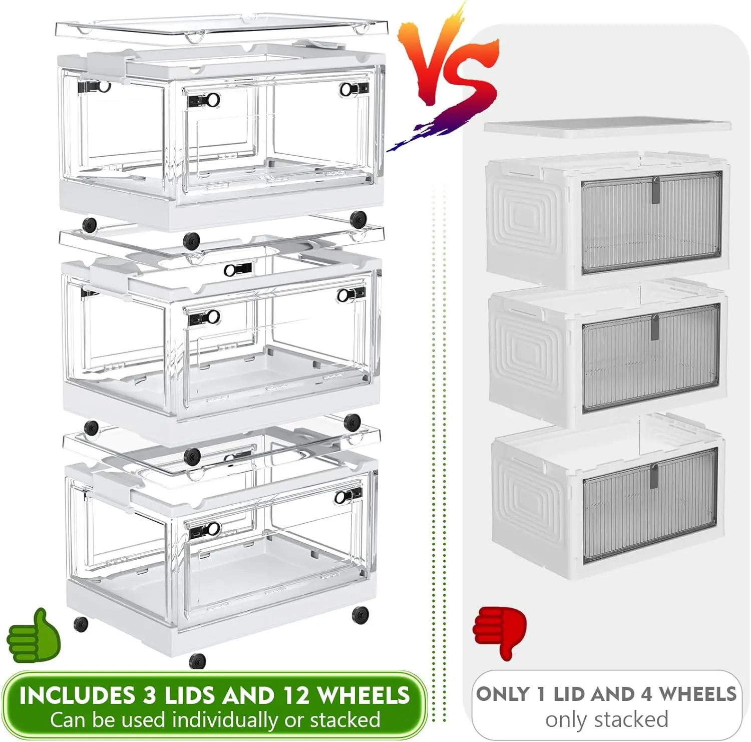 Clear View Stackable Storage Bins with Lids, Collapsible Storage Bins with Doors and Wheels, Large Closet Organize