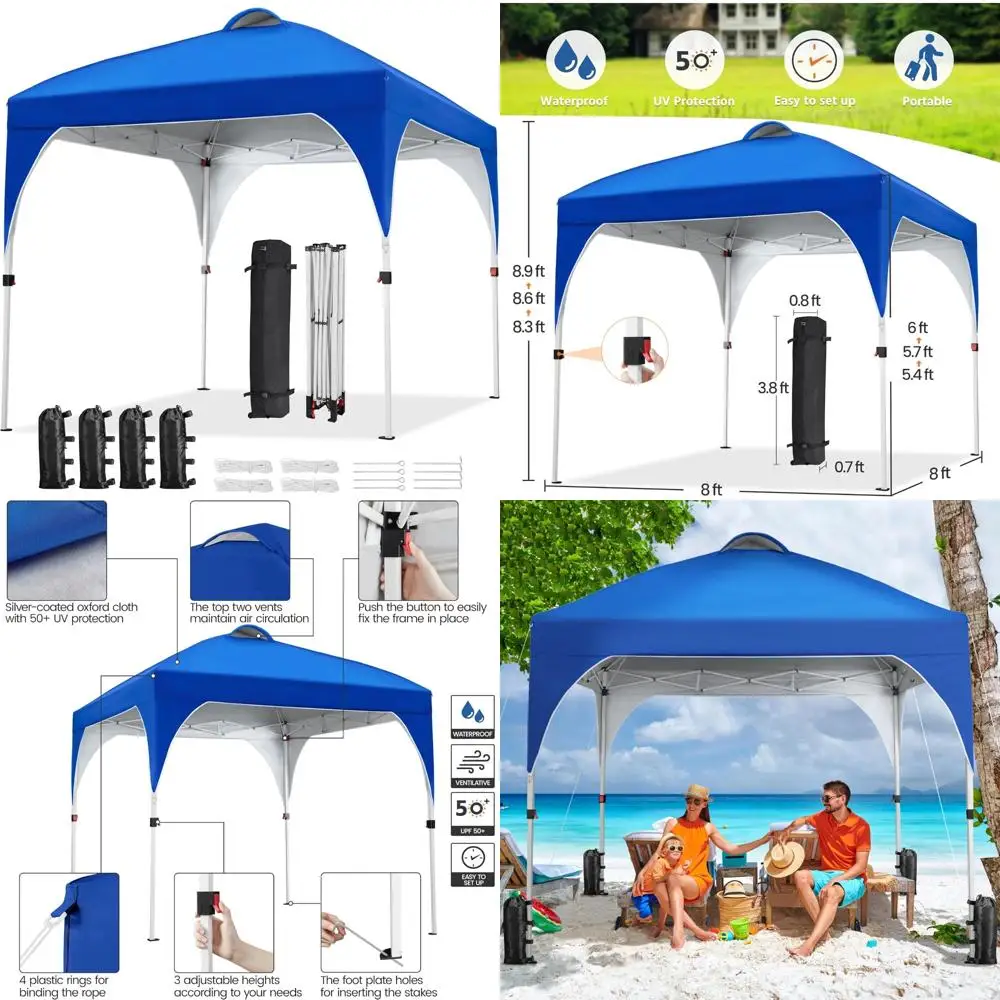 

8x8 Instant Pop Up Canopy Tent with Vent, Easy Setup, Wheeled Bag, 4 Sandbags, 8 Stakes, Outdoor Sun Shelter Canopy