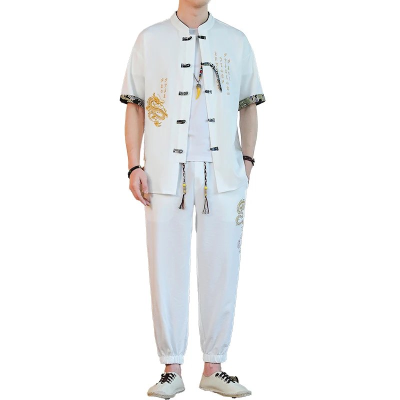 2024 Men\'s Fashion Summer New Style Casual Chinese Dragon Embroried Suit Male High-Quality Two-Piece Set Plus Size Men Set 4XL