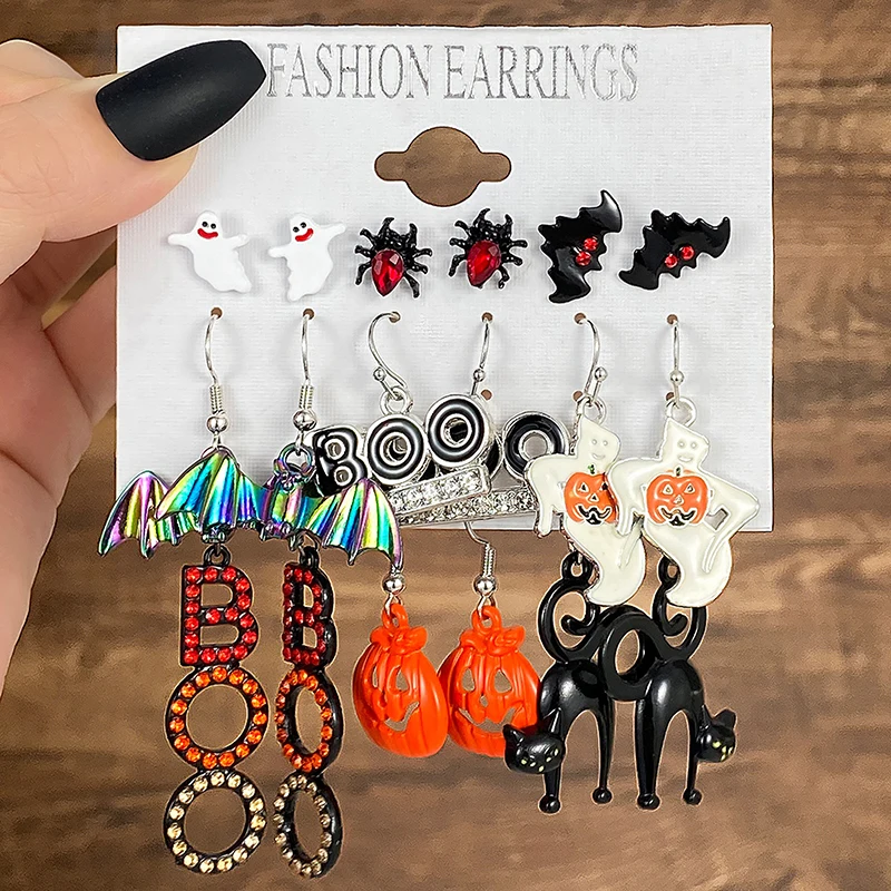 1Set Halloween Series Earrings Women Skeleton Ghost Cross Pendant Ear Studs Gothic Multi-Pack Earring Trendy Funny Jewelry Set