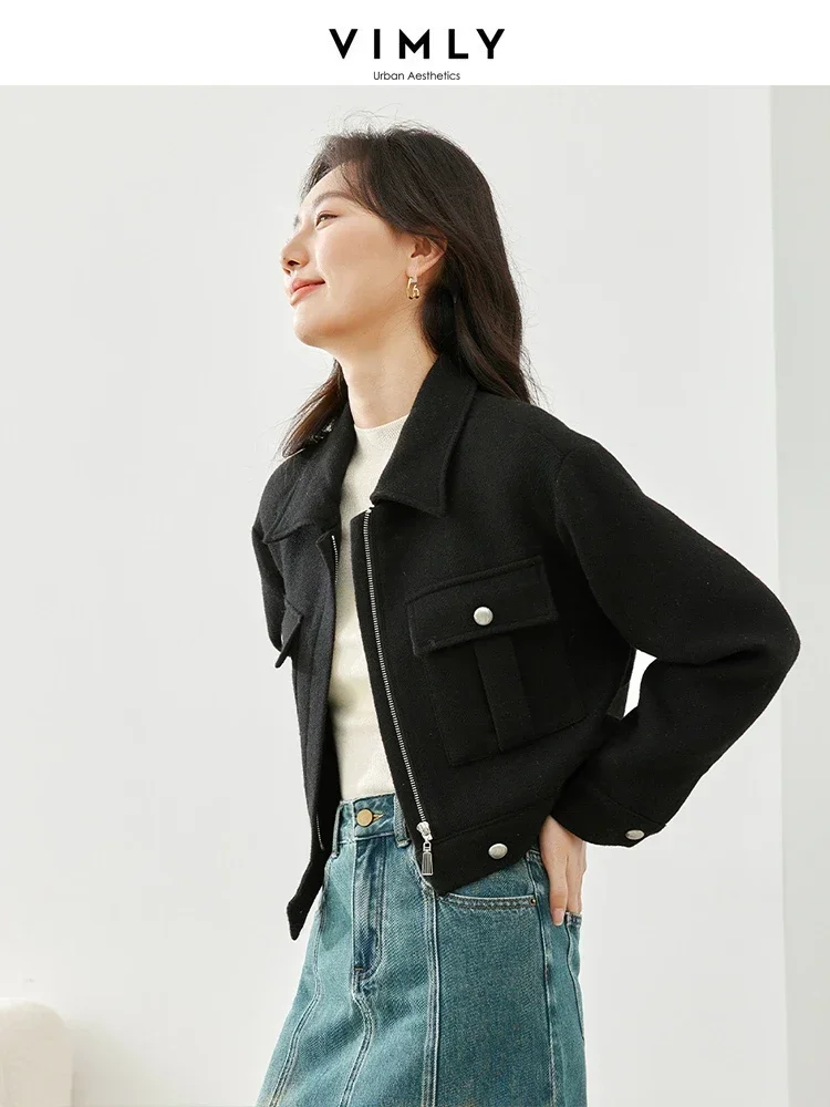 Vimly Black Woolen Cropped Jacket Full Zipper Lapel Drop Sleeve Wool Blend Coat 2024 Spring Warm Casual Female Outerwear M6051