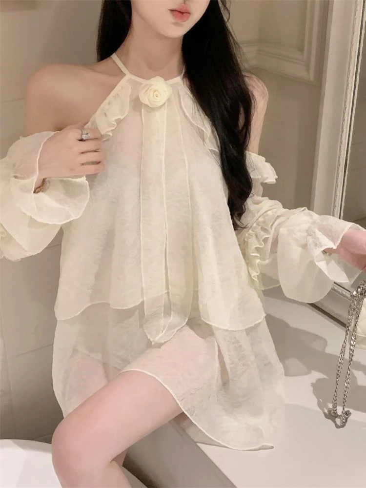 Summer Hollow Out Blouse Loose Halter Shirts Korean Chic Women Shoulderless Chiffon Ruffle Puff Tops Vintage Streetwear Vintage