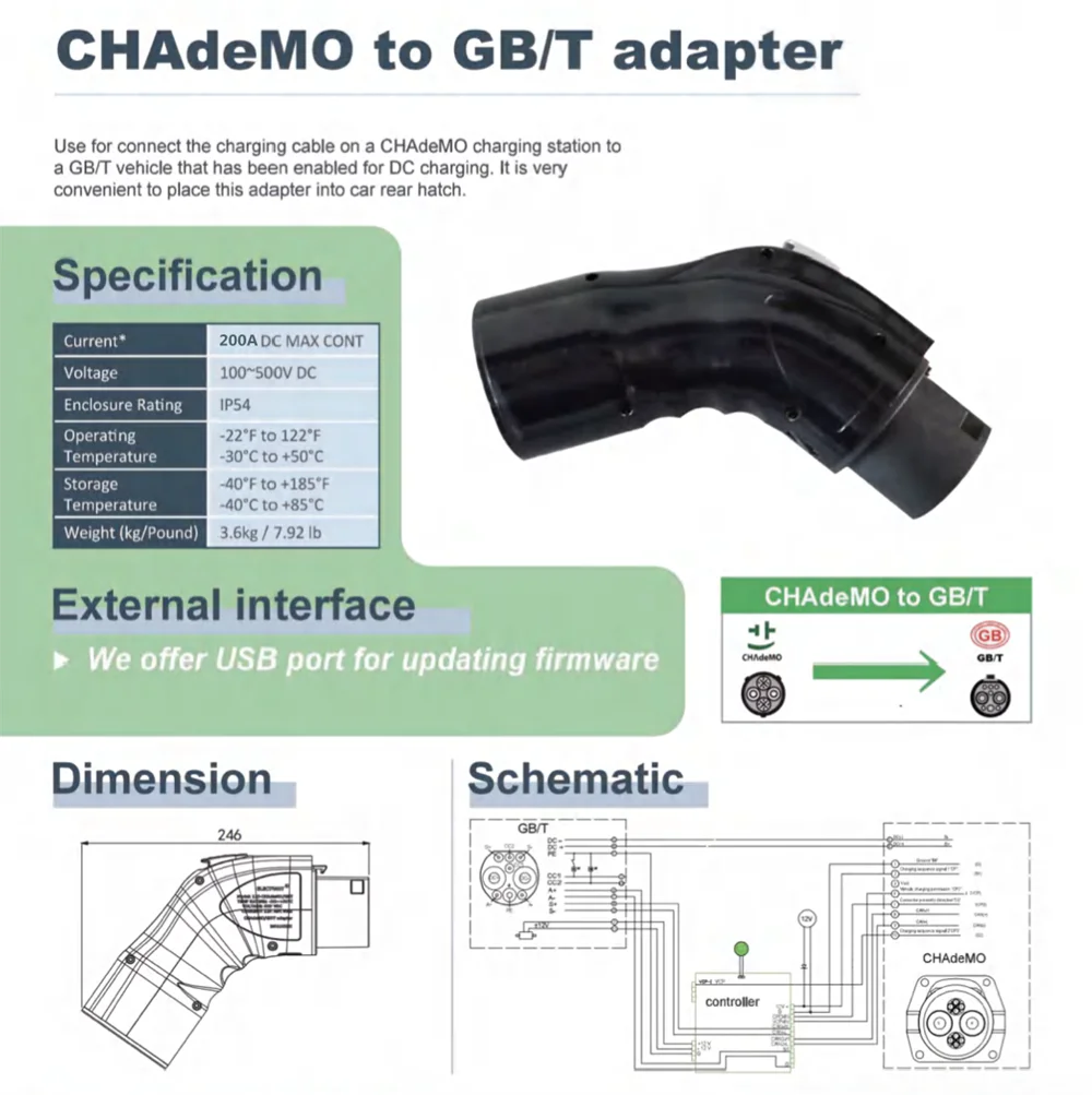 200A Electric Car Charger ChAdemo to GBT Adapter EV Charging Adaptor Chademo to GB/T DC Fast Charging Connector for EVSE Vehicle