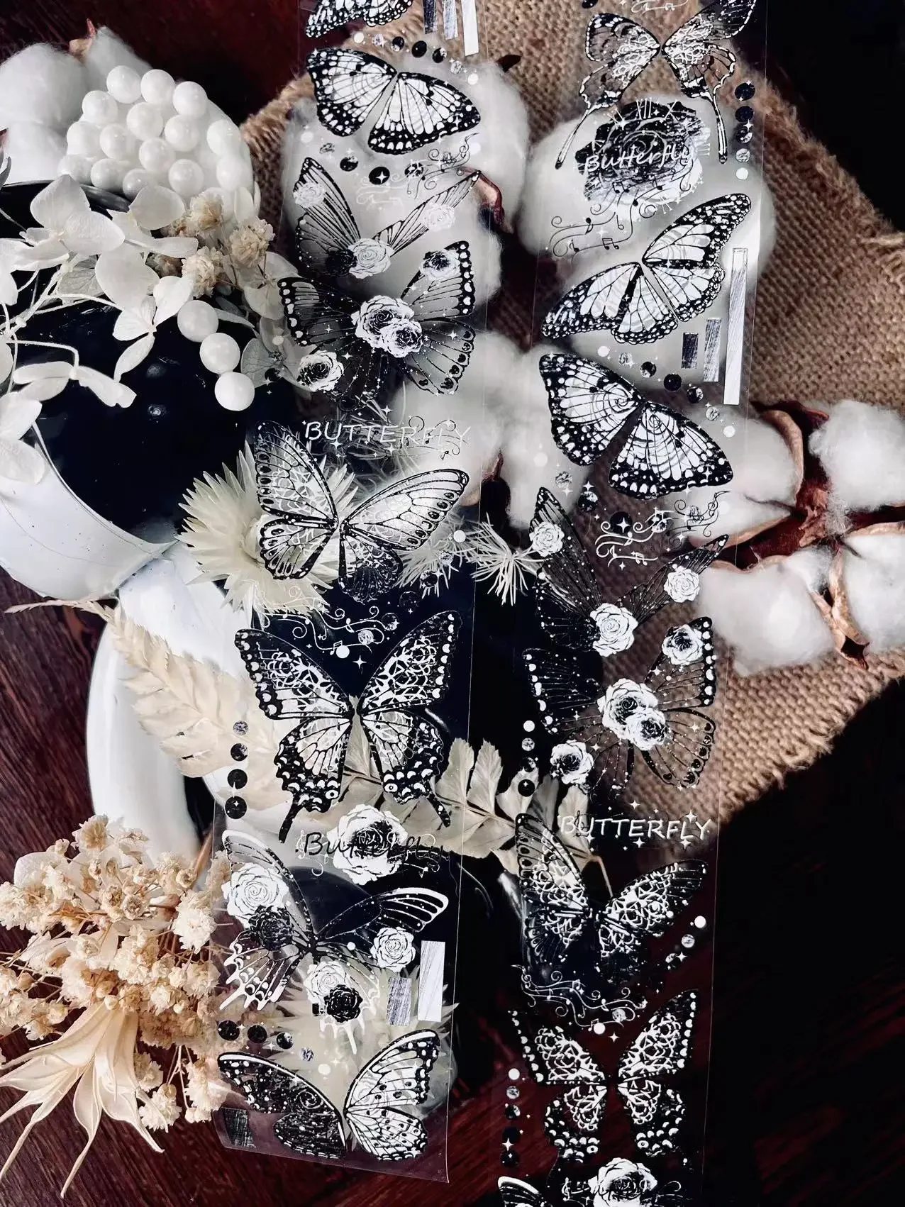 Vintage in bianco e nero farfalla Shell Light Shiny PET Tape Roll Card Making Collage Decoration