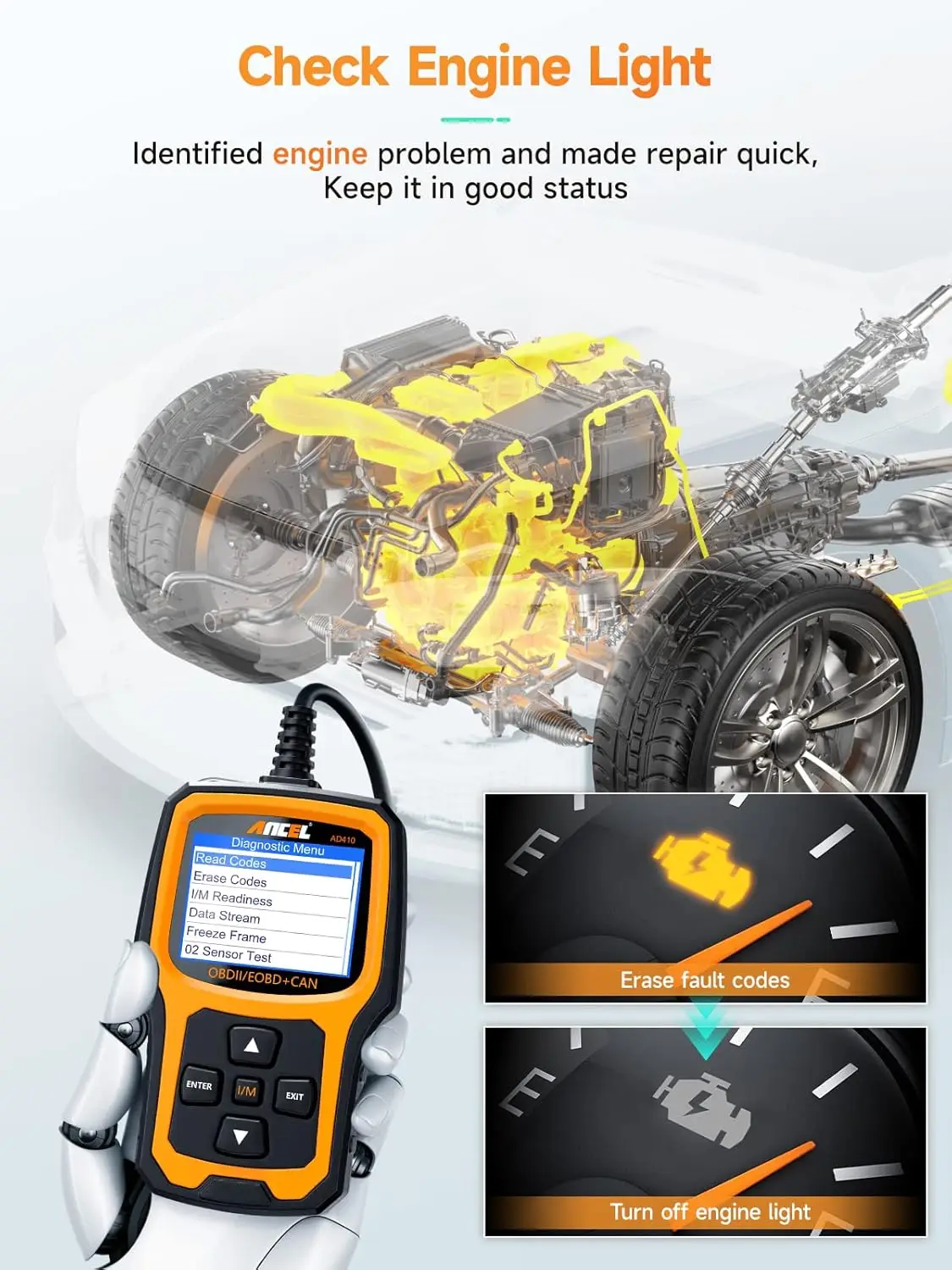 AD410 Enhanced OBD2 Scanner, Check Engine Light Code Reader for All OBDII Cars 1996+, Black/Yellow