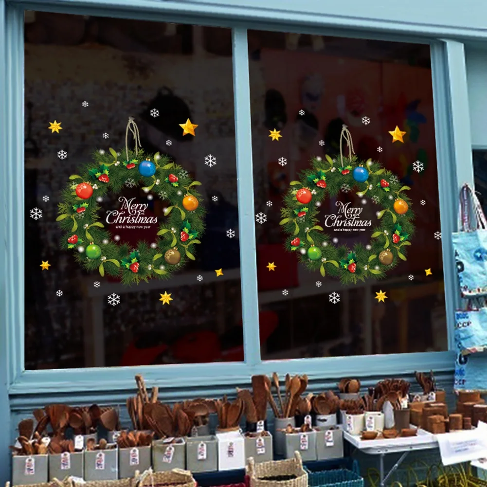 Christmas Wreath Wall Stickers Window Glass Festival Decals Santa Murals New Year Christmas Decorations for Stickers A