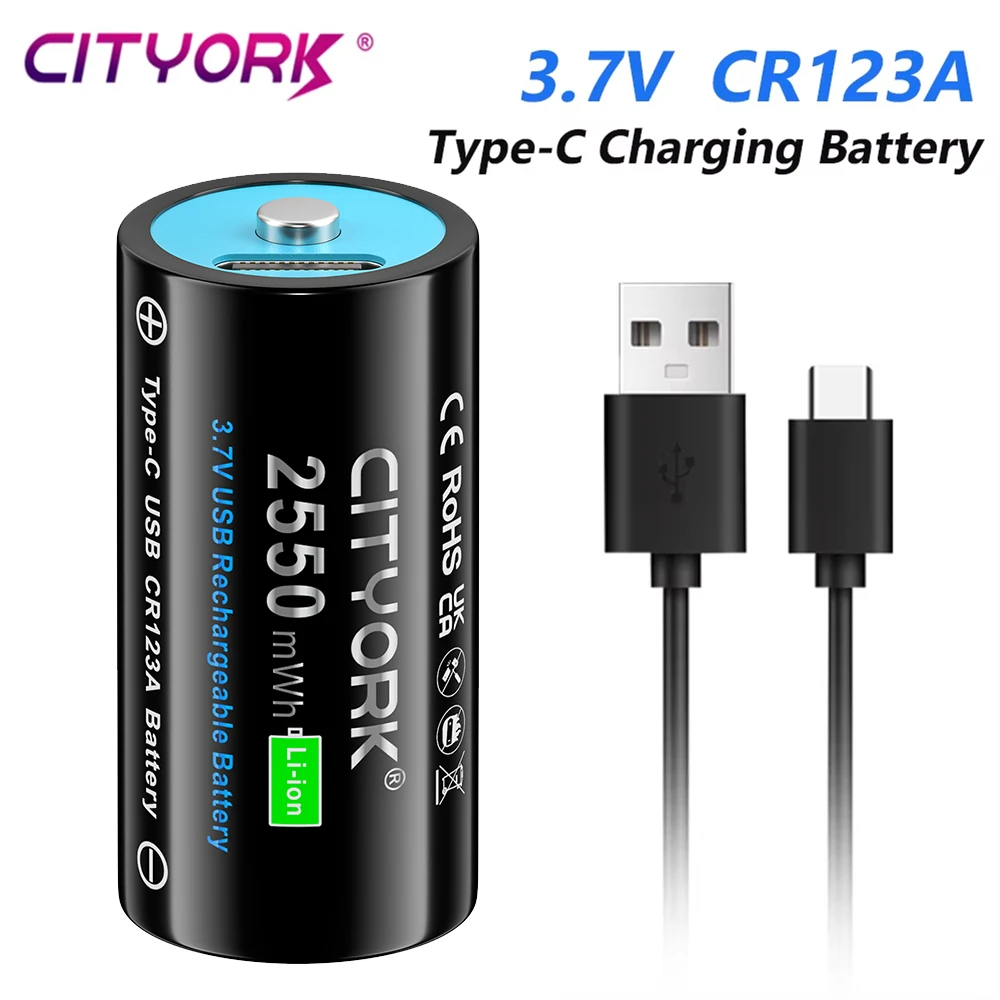 

Перезаряжаемая батарея CITYORK 3,7 в CR123 CR123A Тип C USB зарядка 16340 16350 литий-ионные батареи для светодиодного фонарика