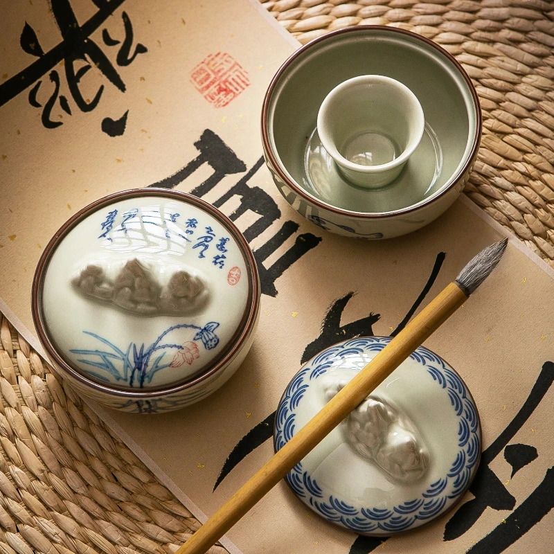 Ceramic Ink Dish with Lid Moisture Retention Calligraphy Brush Set for Practice Art Supply New Chinese Style Study Artifact