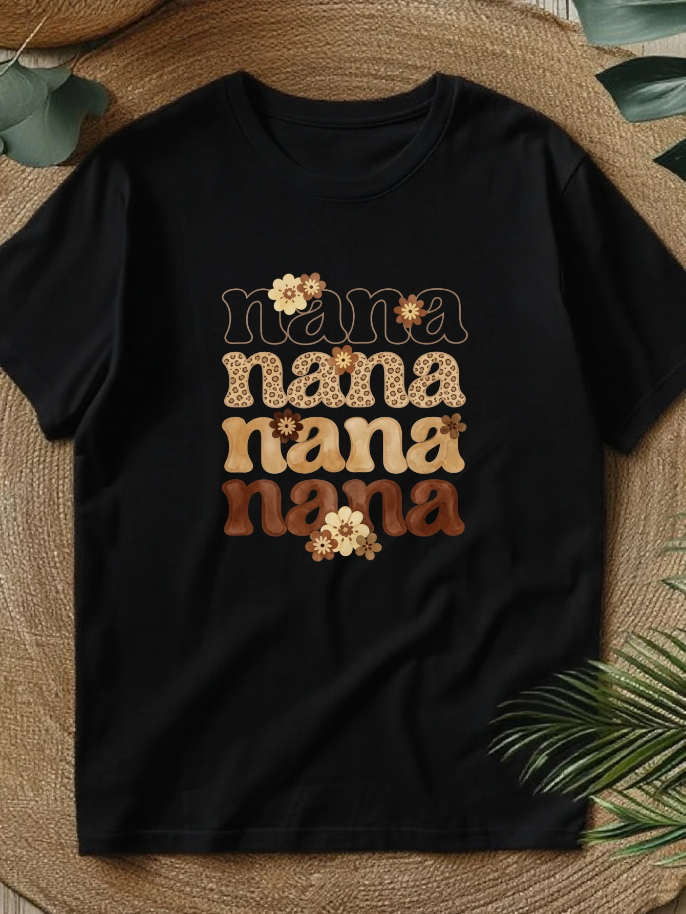 Y2K Women's Round Neck T-Shirt, Spring and Summer Women's Clothing, Retro Floral Nana Text Print, a Stylish and Casual Choice, Fun Print, Local Delivery