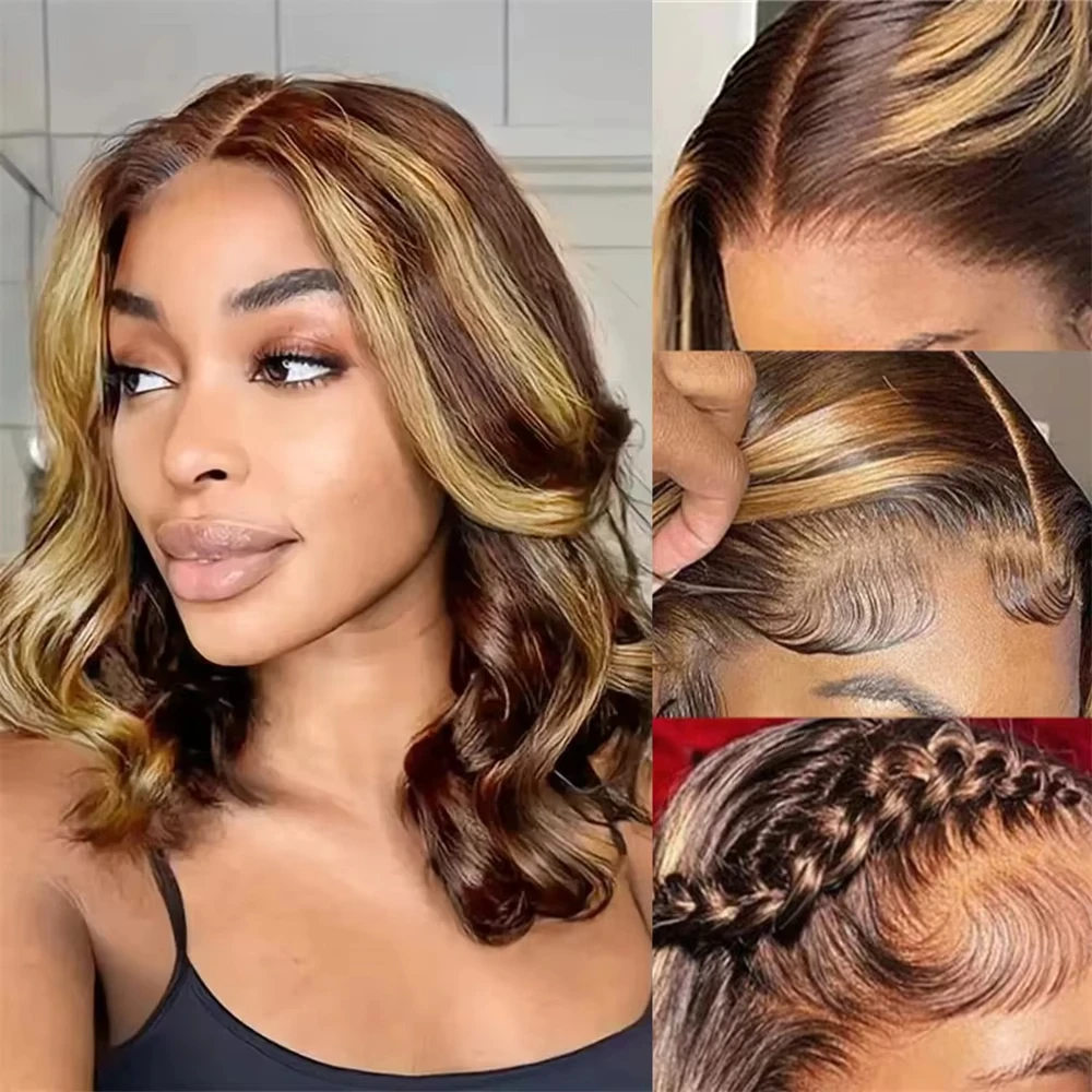 Umi 13x4 #4/27 Highlight Body Wave Lace Frontal Human Hair Wigs 230 Density Pre Plucked Brown Blonde Ombre Short BOB Wigs