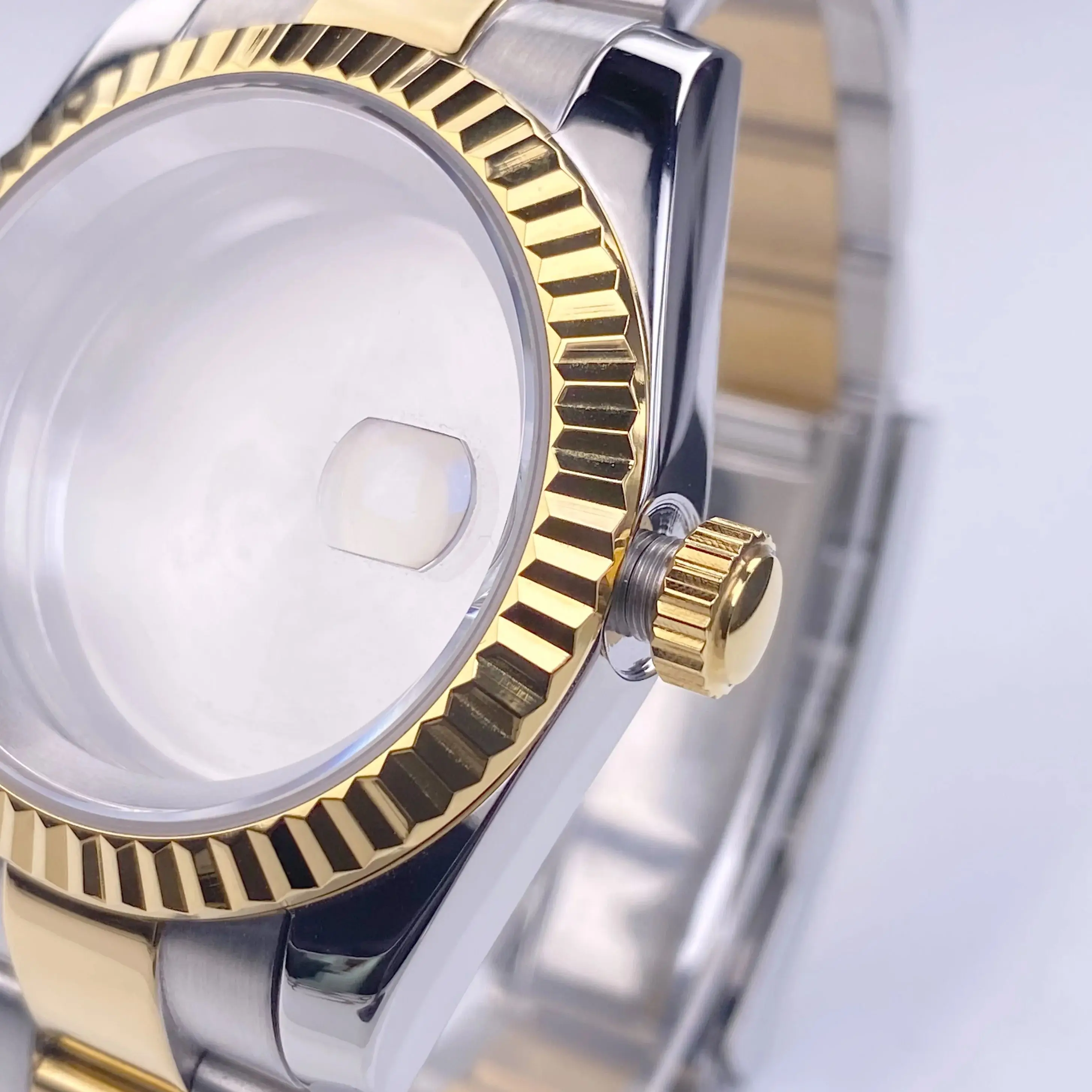 Alta qualidade 39mm nh35 caixa de relógio ouro vidro safira inoxidável à prova dwaterproof água caso caber nh35/36/38 movimento 28.5mm dial