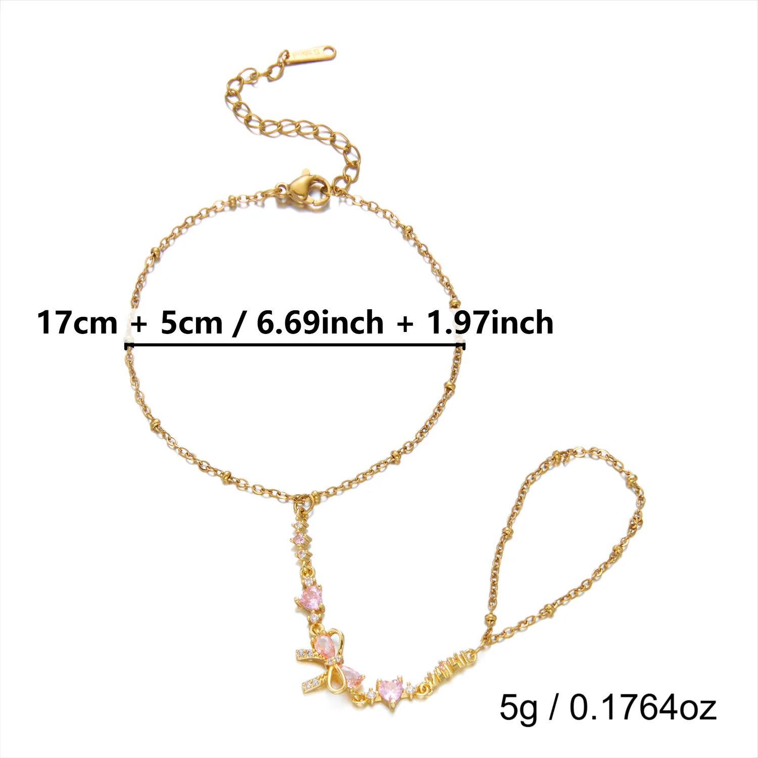 Zierliches Armband mit Schleifenmuster aus Zirkonia und Edelstahl für Damen, vergoldet, mit Herz-Fingerkette, Party-Schmuck, Geschenk – Detail 3