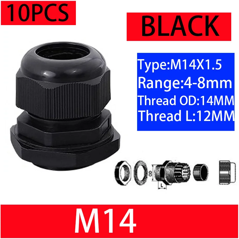 10PCs Wasserdichte Kabelverschraubung Schwarz Kunststoff Dichtung Joint Nylon M8 M10 M12 M16 M20 M25 M32 IP68 Weiß Kabel Befestigung nylon Stecker
