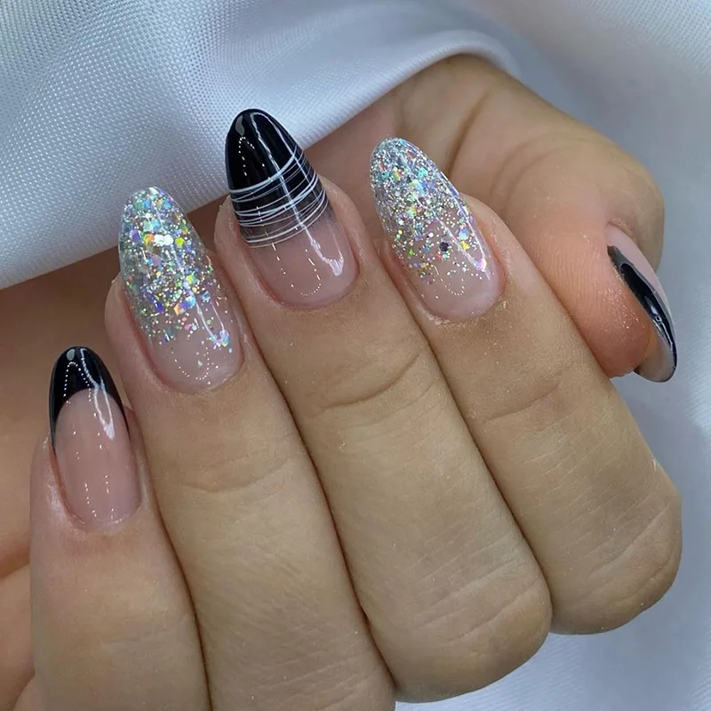 

24pcs Black Ombré French Press-On Nails - White Line & Gold Glitter Tips Long Almond Shape Minimalist Luxe Style