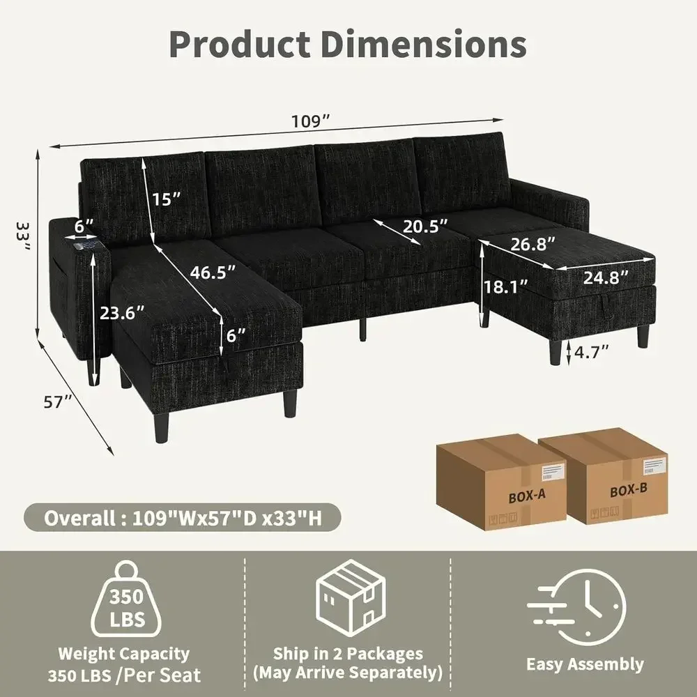 6-Seat Linen Fabric Sectional Sofa with Storage Ottoman, Convertible U/L Shaped Couch, Smart Charging, LED Light, Music Sync (Bl