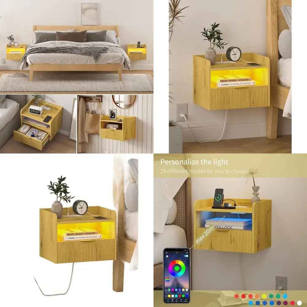 

LED-Illuminated Charging Nightstand in Yellow Oak with Floating Design