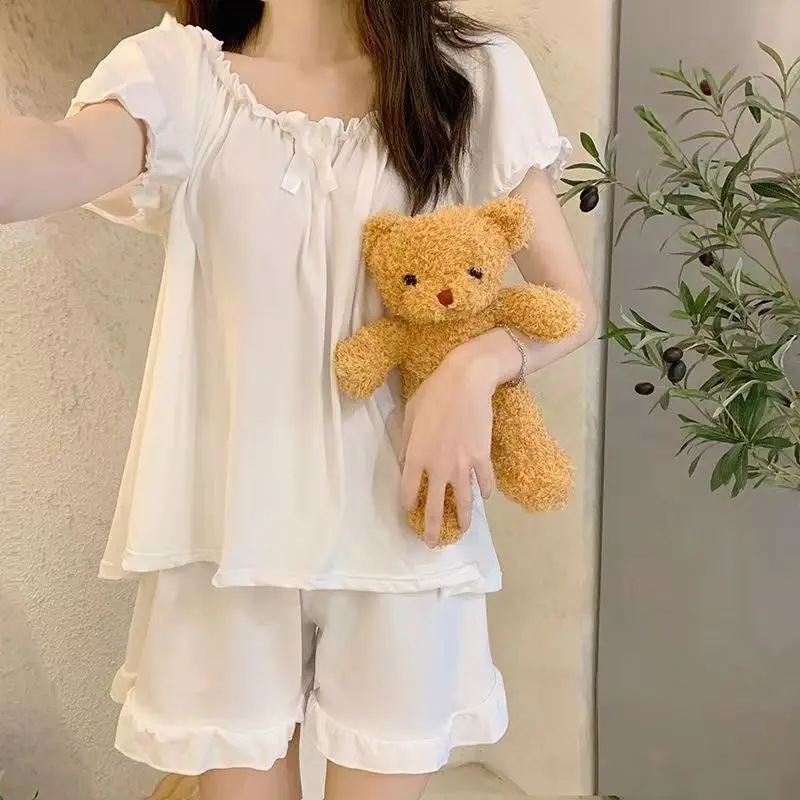 

Pajama Female Student Summer Loungewear Cute Thin Short Sleeve Loose Nightgowns Sweet Princess Style Homewear Two Piece Set