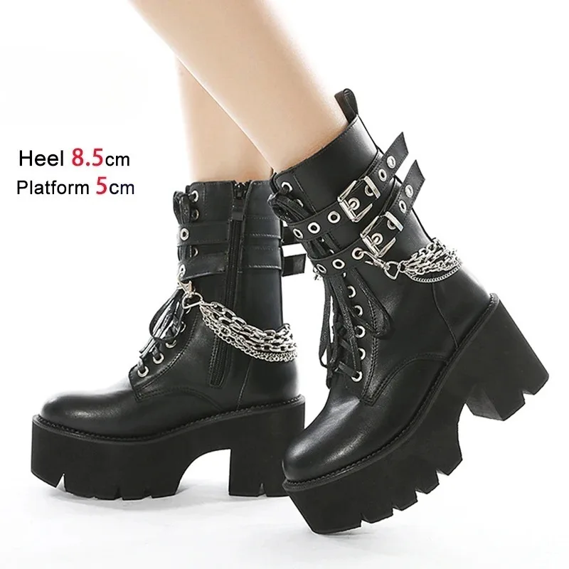 

Autumn Winter Chain Punk Woman Boots Trend Belt Buckle Gothic Black Shoes Woman Side Zipper 8.5CM Chunk Heel Mid-calf Boots