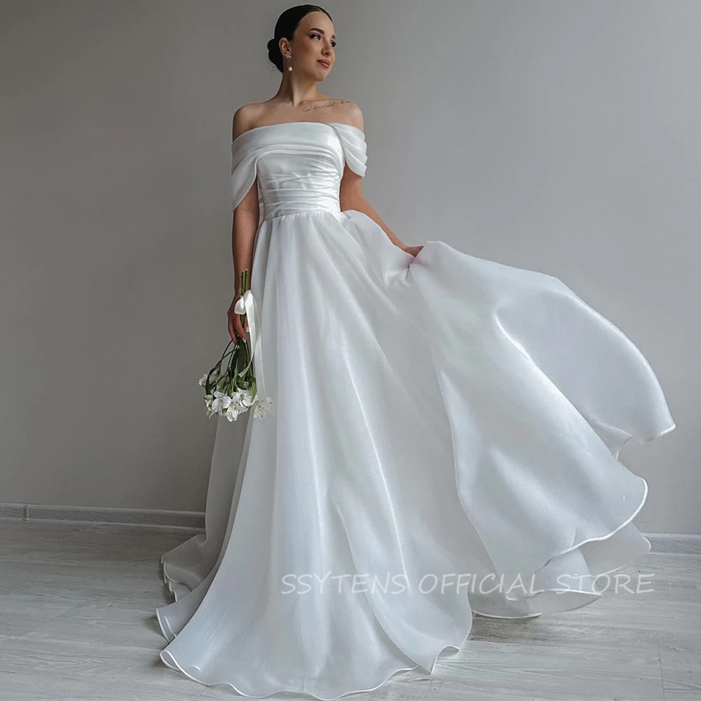 Elegantes vestidos de noiva linha A para mulheres, vestido de noiva sem ombro, vestido de noiva simples, organza