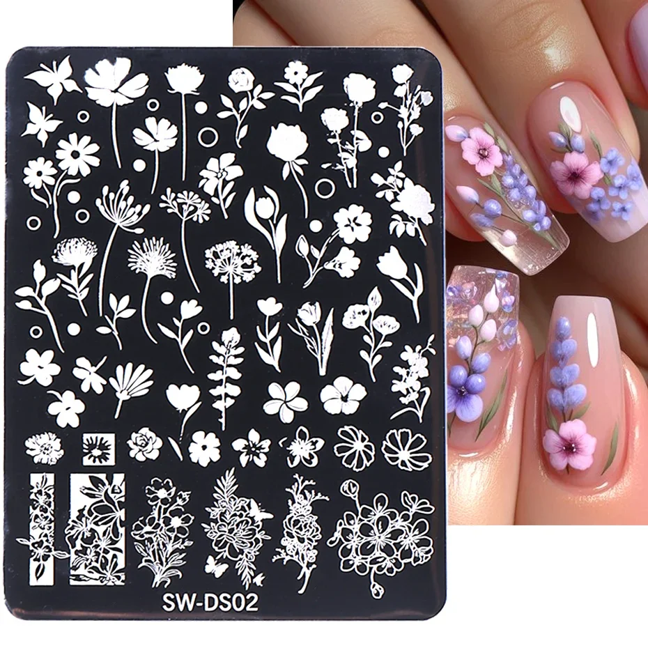 Flower Leaf Nail Art Stamping Plate Drawing Template Plaid Letter Star Moon Rose Cat Cartoon 3D Image Stencil Mold Printing Tool