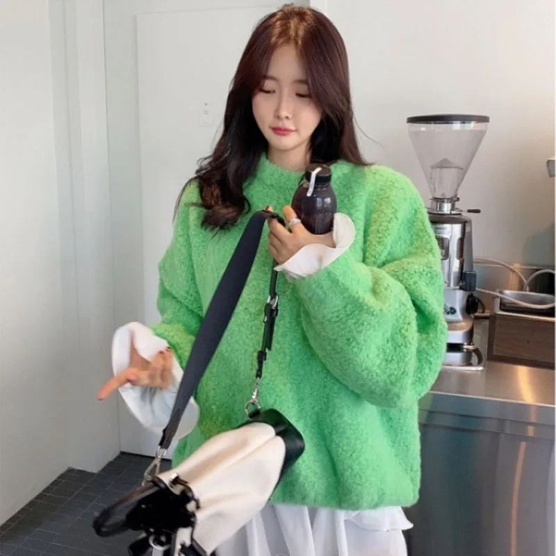 Women Imitation Lamb Wool Knitted Top Autumn Winter Casual Fashion Loose Solid Color Simple Oversized Pullover Sweater