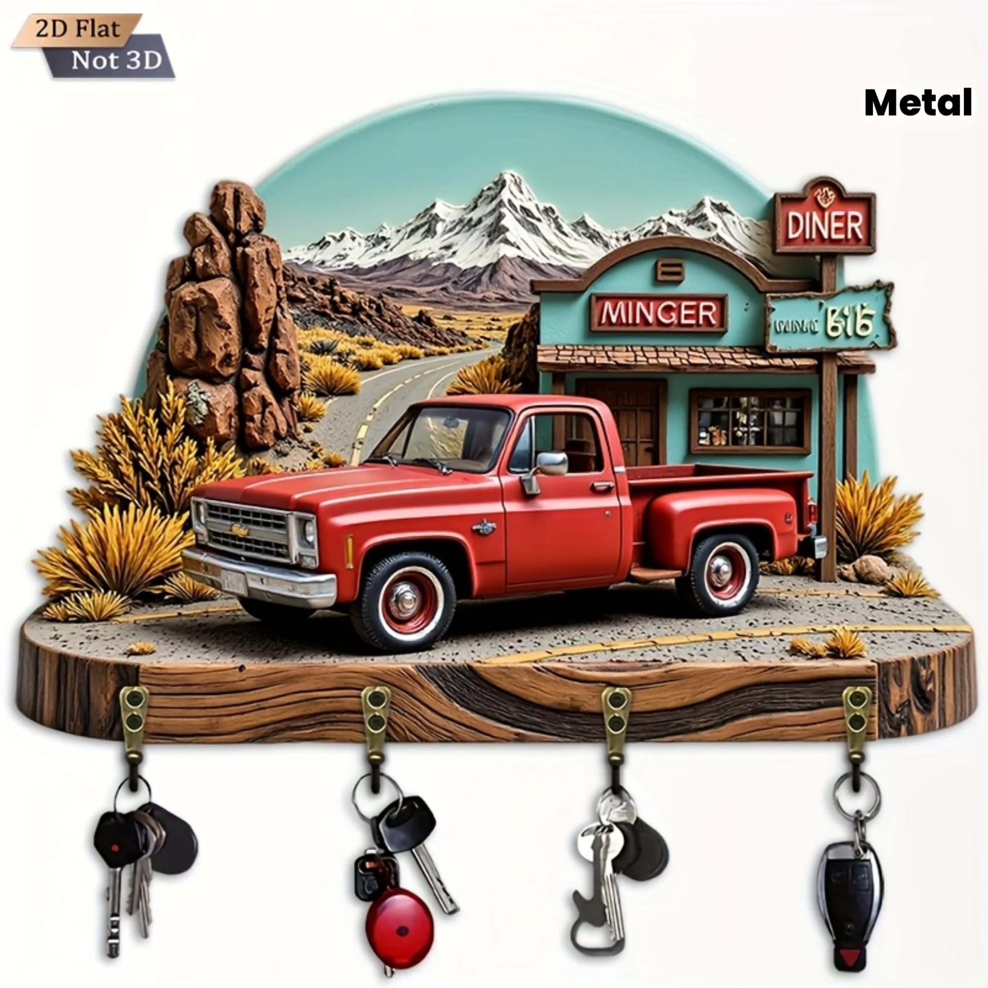 2D Flat American Vintage Pickup Truck Schlüsselhaken – multifunktionaler dekorativer Schlüsselhalter aus Holz mit vier Metallbügeln, 1 Stück,