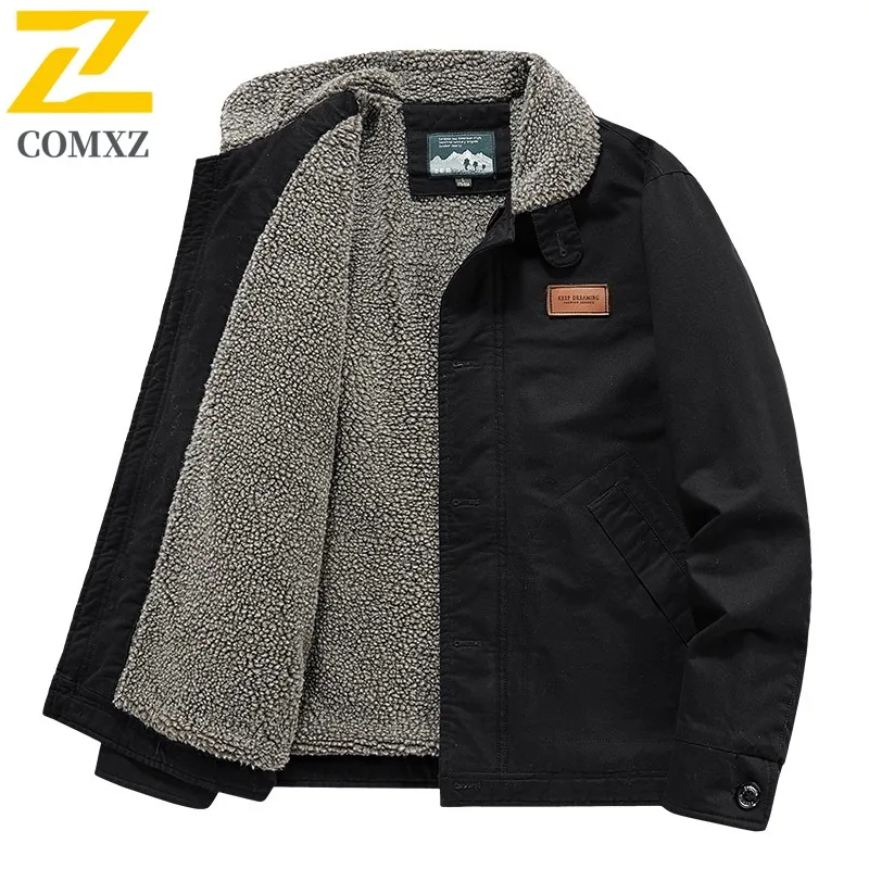 COMXZ Lamb Wool Coat Men Winter Thickened Fur Collar Fleece Lined Workwear Pilot Jacket Cotton Coat Lamb Fleece waterproof  Top