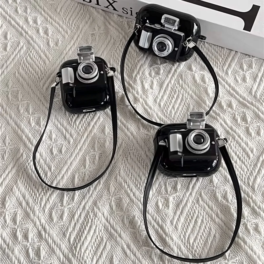Vintage Camera Earphone Case with Strap for Apple Airpods Pro 2 3 1 Soft Headphone Cover for AirPod 4 2024 Generation
