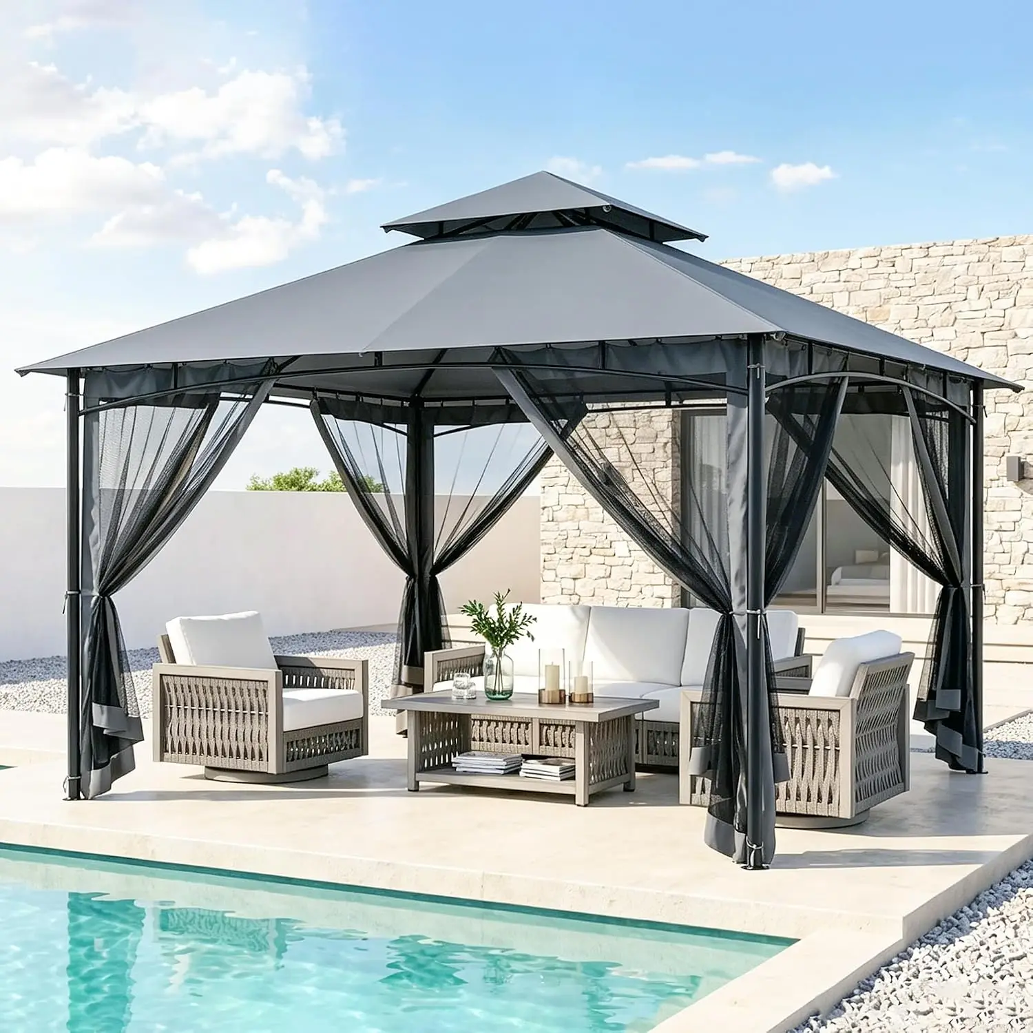 12x12ft Metal Gazebo with Double Roof & Mosquito Netting for Patio Deck Lawn Garden, Gray, Customized