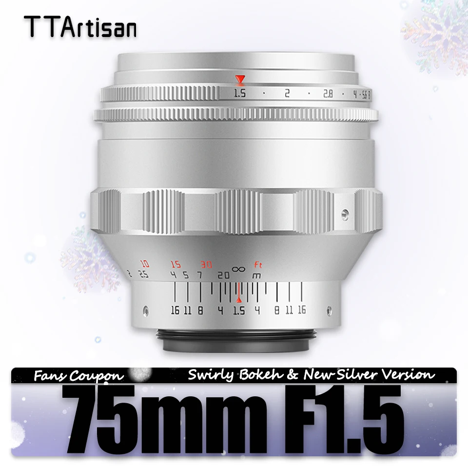 TTArtisan Full Frame 75mm F1.5 Manual Focus Camera Lens for Swirly Bokeh Portrait Photography with New Silver Version M42-mount