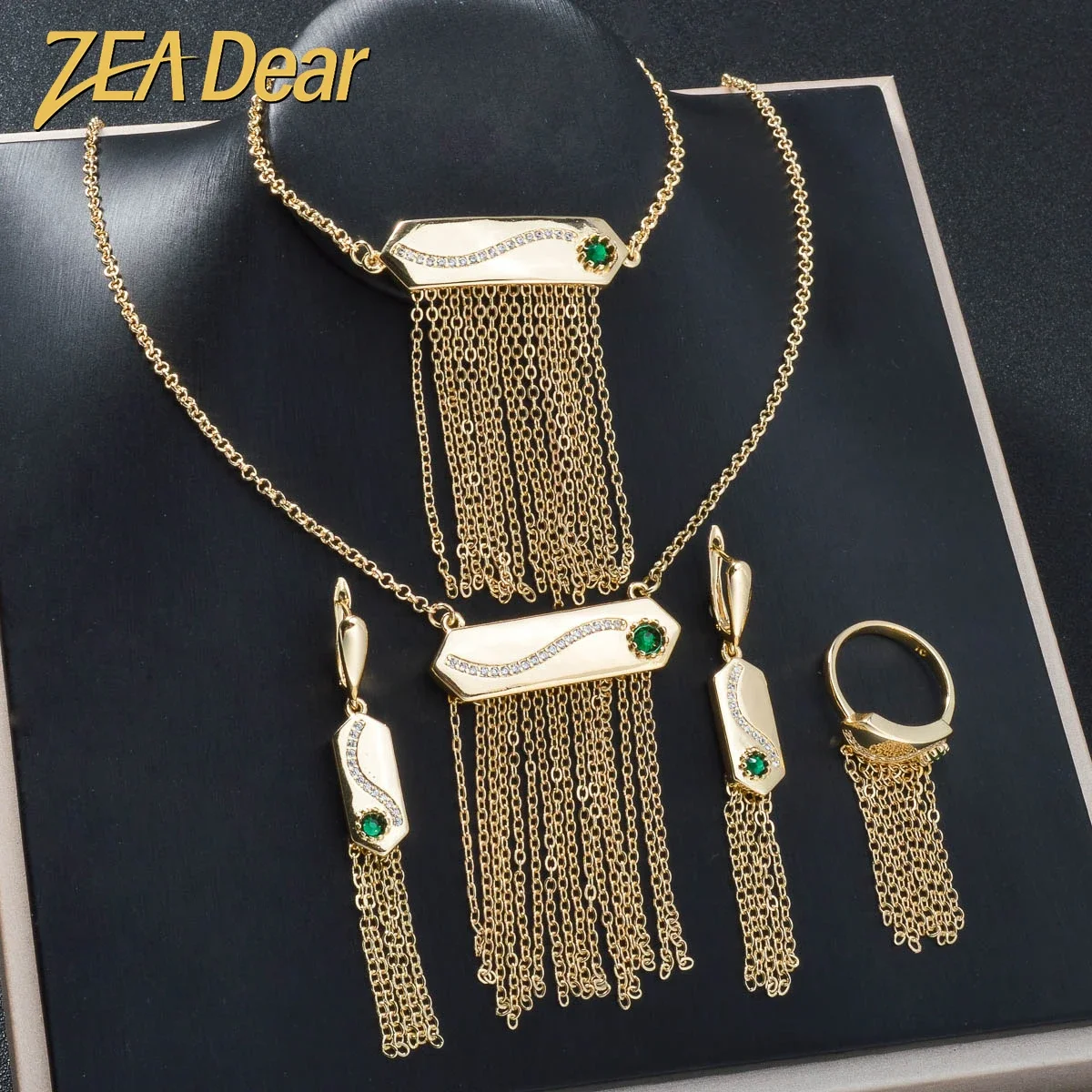 ZEADear Tassels Jewelry Sets 4PCS Luxury Zircon Necklace Pendant Wedding Ring Earrings Gold Color Necklace Women