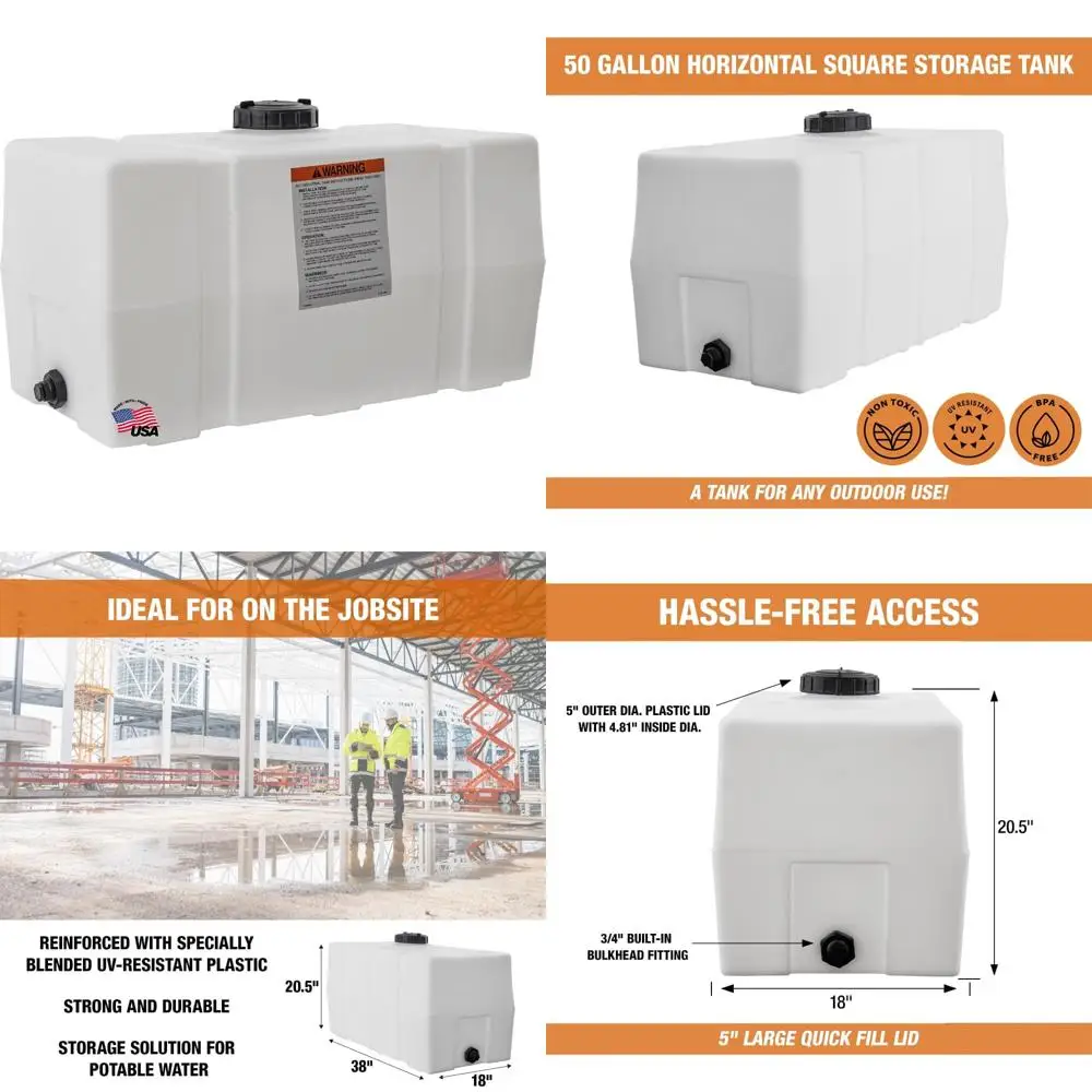 Tangki Reservoir Persegi Horizontal 50 Galon, Buatan AS, Polietilena untuk Cairan Tidak Mudah Terbakar