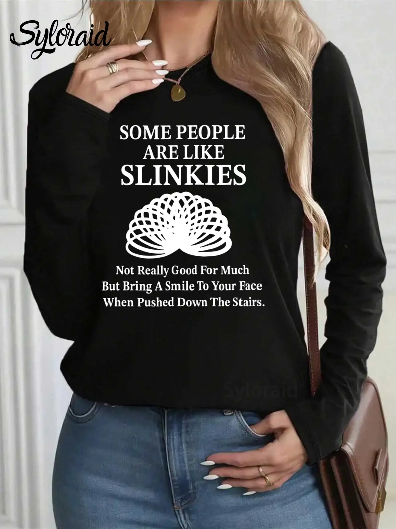 المرأة طويلة الأكمام تي شيرت روح الدعابة Slinkies تي شيرت مضحك إقتباس قميص الساخرة إقتباس المحملة موضة الجولة الرقبة رداء علوي غير رسمي #2
