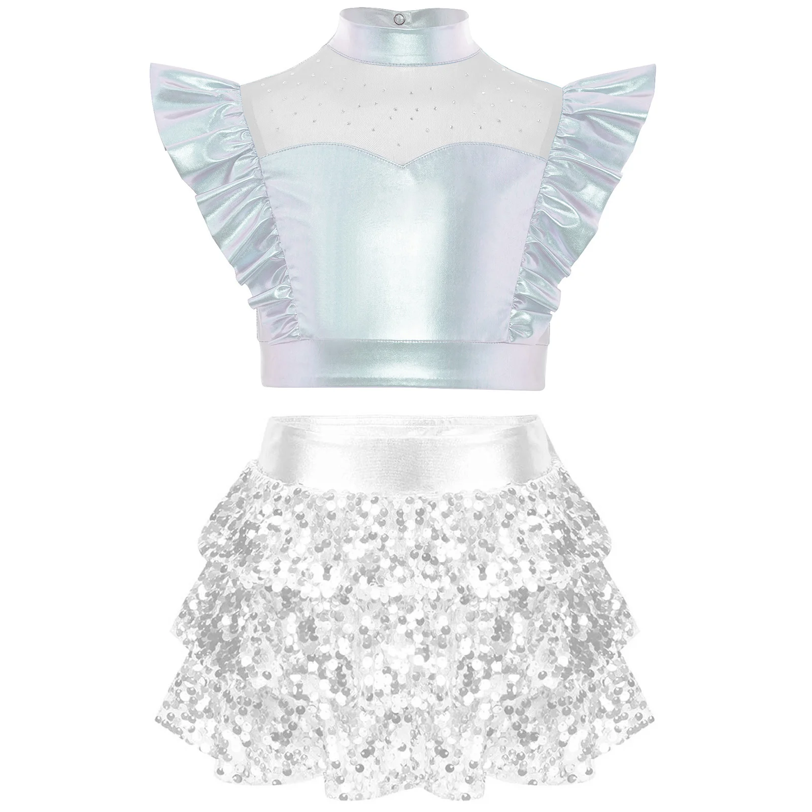 Children Girls Jazz Modern Dance Outfit Show Costume Sequin Shiny Crop Top with Tiered Unitard Skirted for Cheerleading Costumes