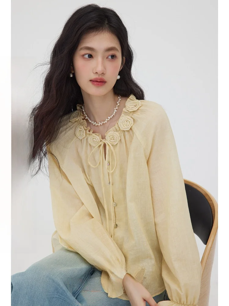 

ORWhite Rose Flower Knot irt Women Summer Bell Sve Tie Vintage Small Design Sense Top Cotton Loose Fit Long Sl...