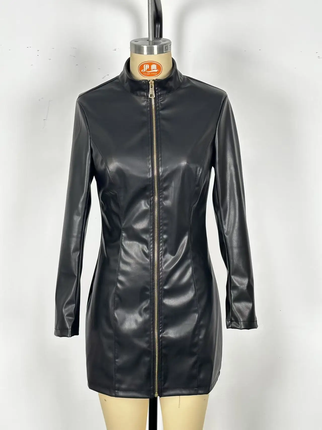 春秋の新作PUレザーボディコンショートドレス レディース セクシー パッケージヒップ スリム ジッパー 長袖ワンピース 通勤服